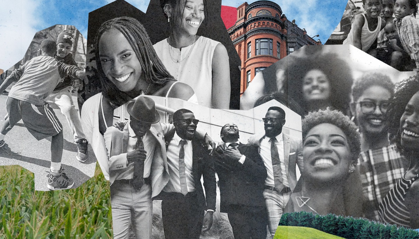 A collage featuring a mix of imagery of Black people, Minneapolis, and nature.