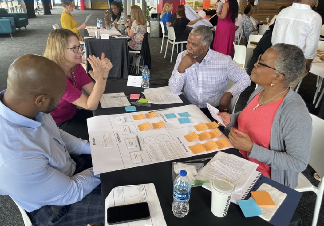 A group gathered around a table running a business exercise.