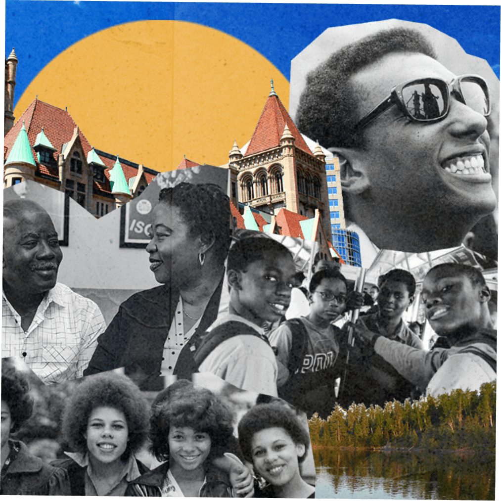 A collage featuring a mix of imagery of Black people, Minneapolis, and nature.