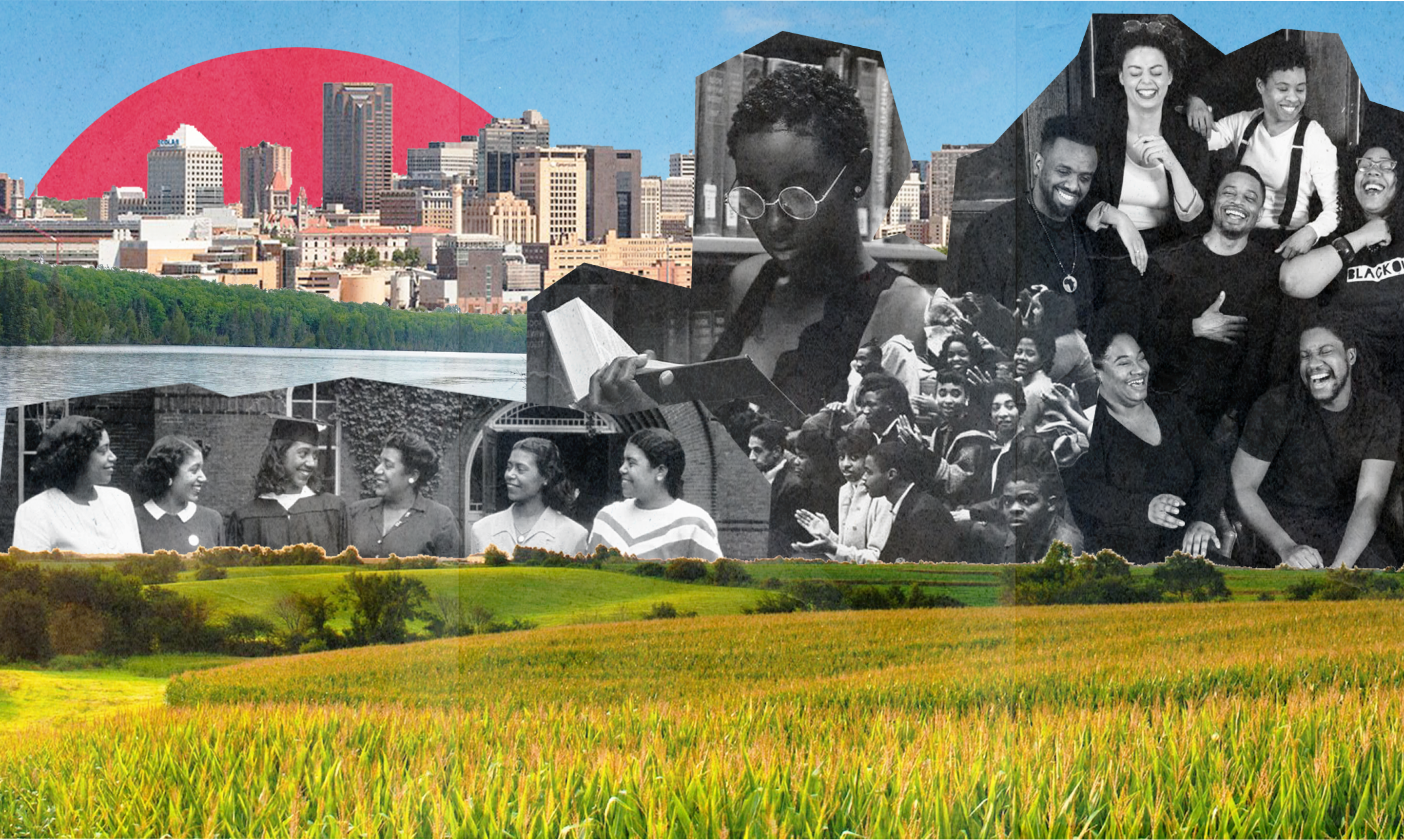 A collage featuring a mix of imagery of Black people, Minneapolis, and nature.