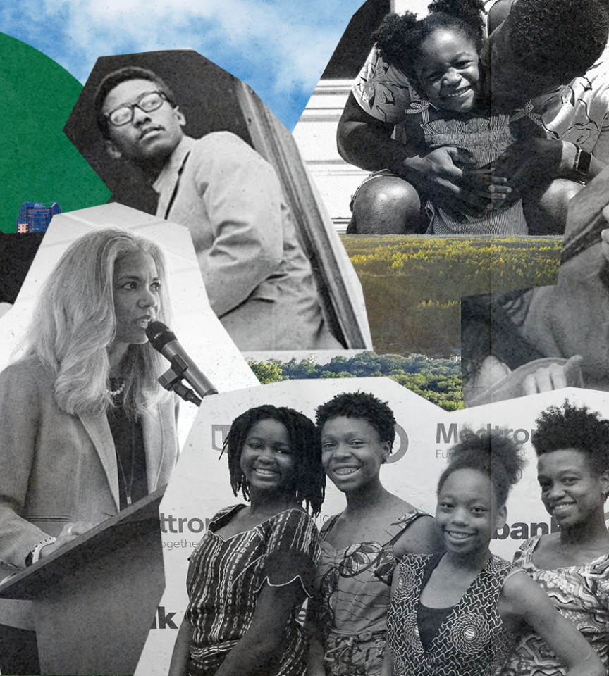 A collage featuring a mix of imagery of Black people, Minneapolis, and nature.