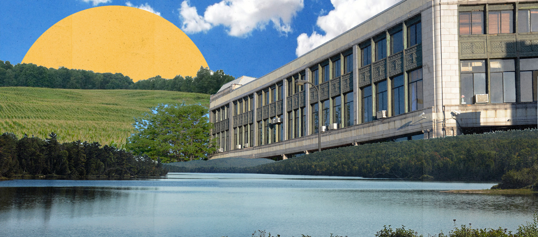 A collage with a sun in the background, a building in the medium ground, and lake in the foreground.