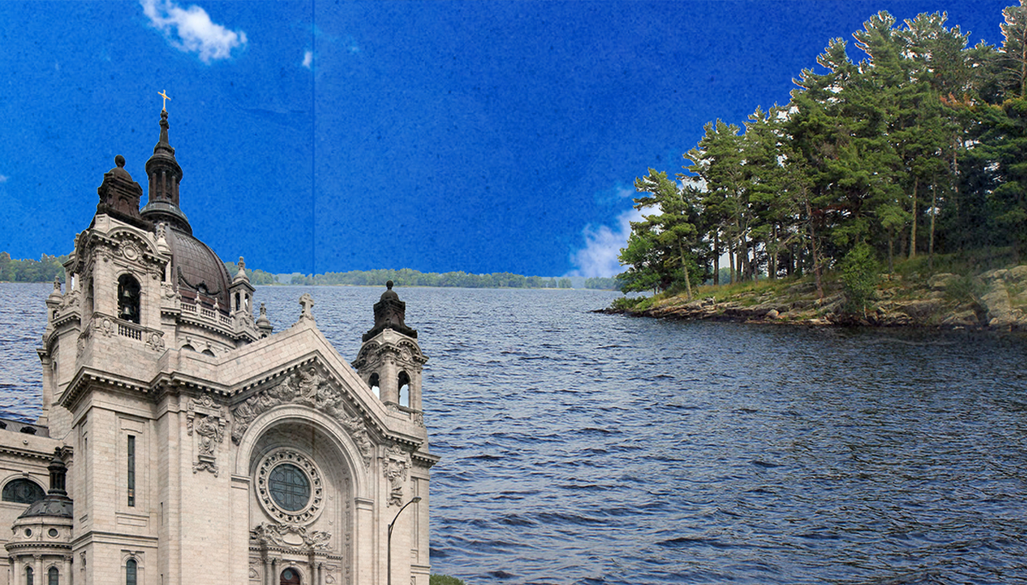 Collage with church in the foreground, and a lake with a tree line in the background.